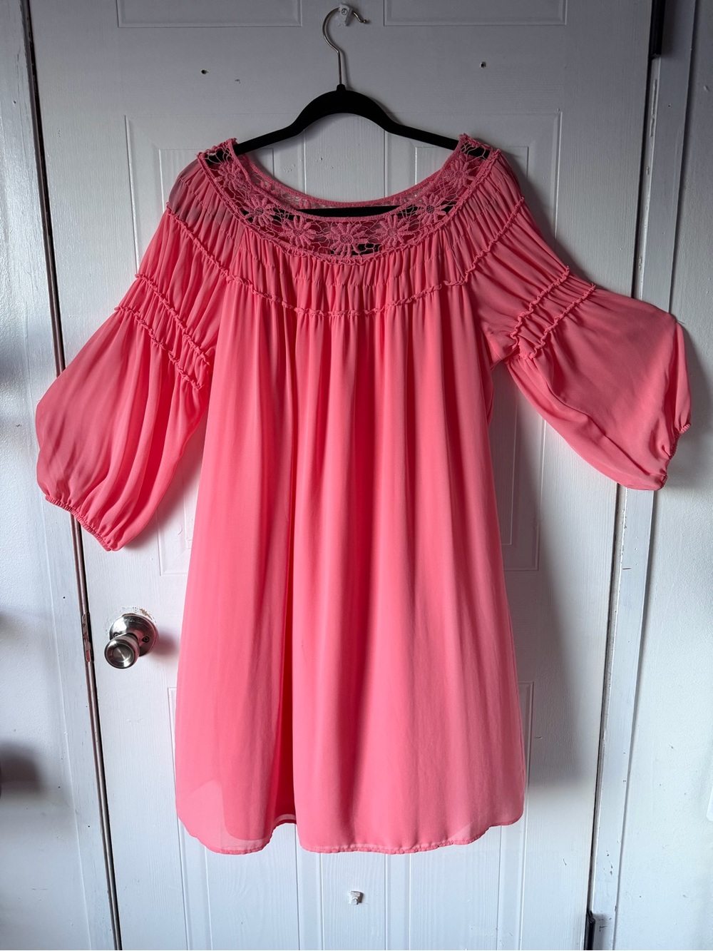 HeartSoul Coral Pink Lace Yoke Long Sleeve Dress